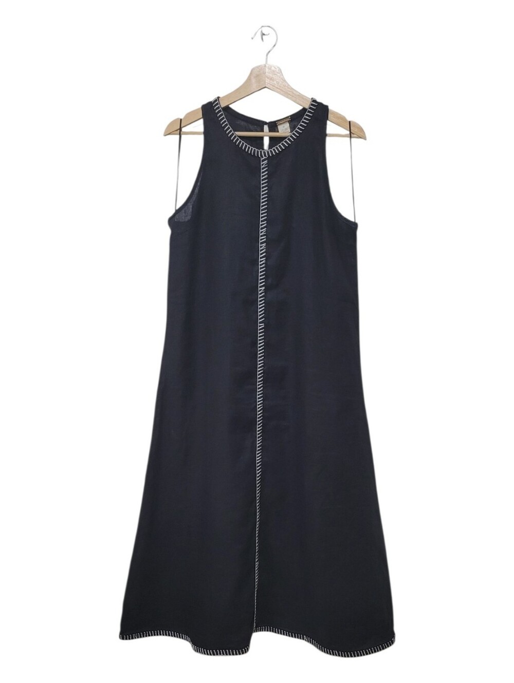 MAGASCHONI 100% Linen Black Shift Dress Contrast Stitch Sleeveless Size 10